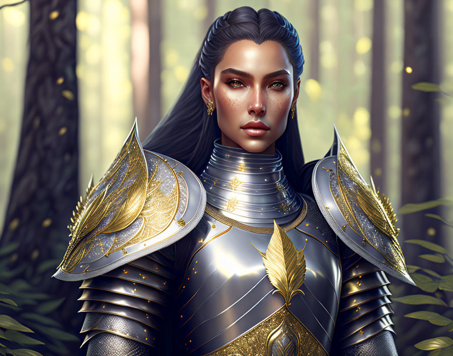 Digital artwork: Woman with braided hair in golden-leaf armor, enchanted forest.