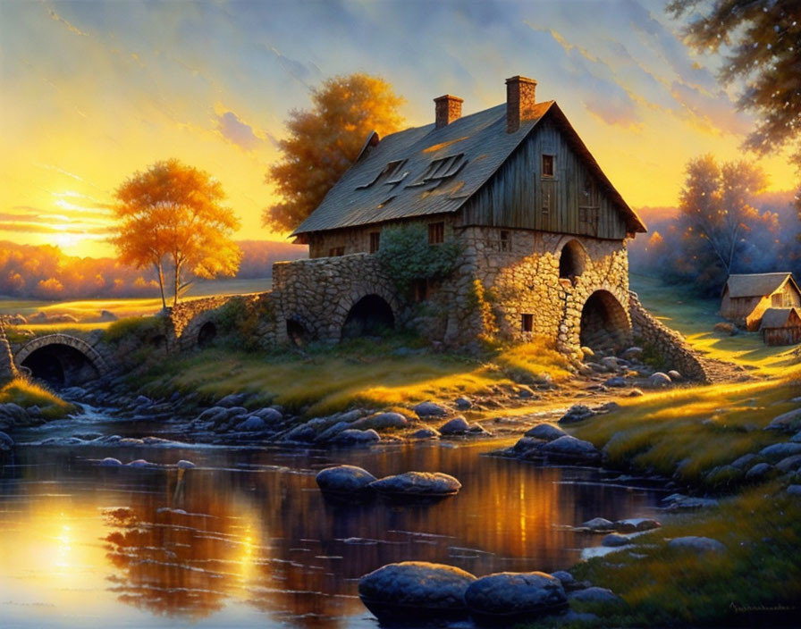 Stone cottage by tranquil river at sunset with stone bridge & lush trees