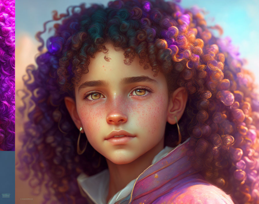 Portrait of a girl with curly hair, freckles, and green eyes in pastel outfit