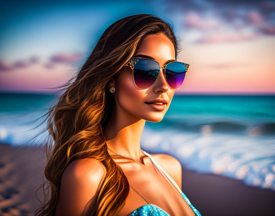 Woman with sunglasses on beach at sunset with flowing hair.