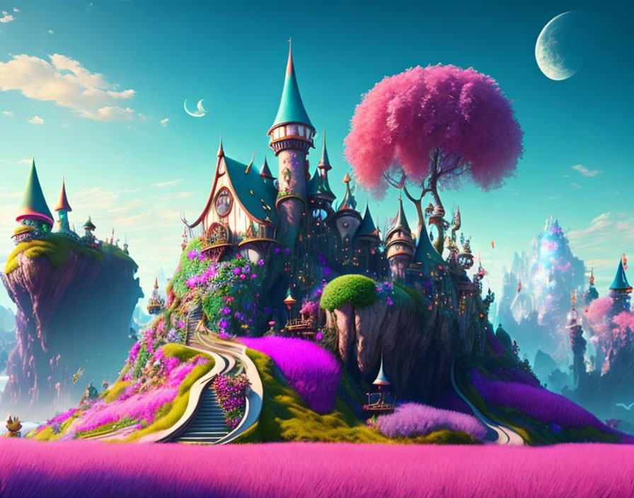 Fantastical landscape with whimsical castle and colorful foliage