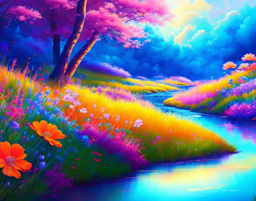 Colorful meadow, blossoming trees, serene river in fantasy landscape