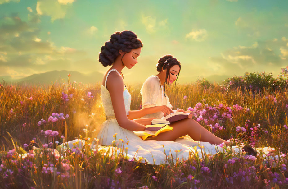 Animated girls reading books in flower field at sunset