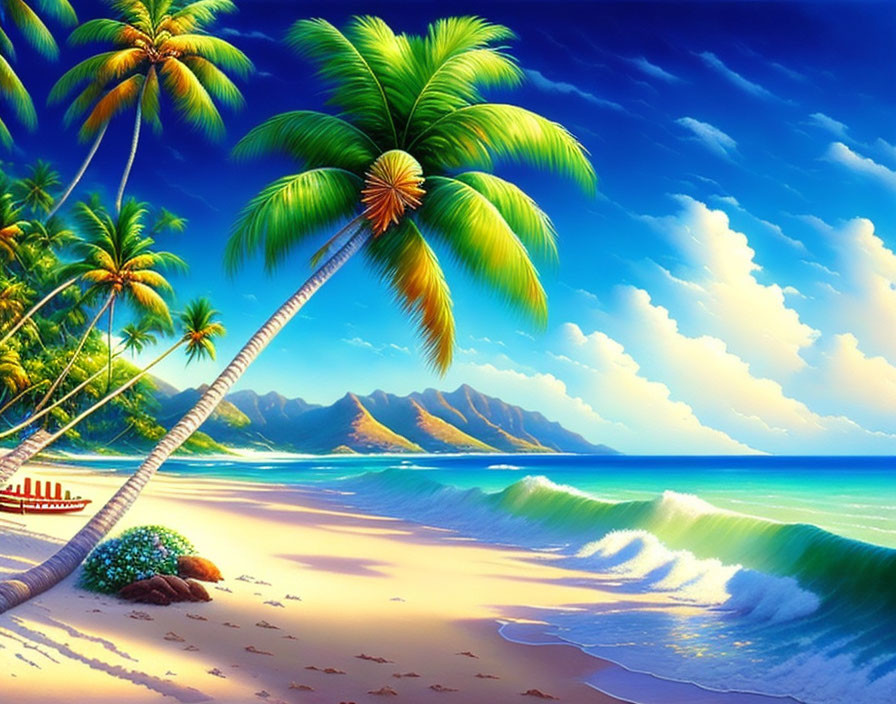 Bright digital artwork: Palm trees, beach, waves, blue sky, mountains