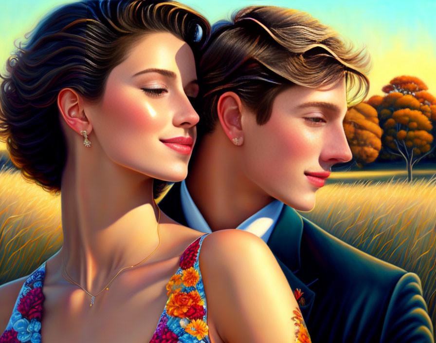 Illustrated portrait of man and woman in profile with golden field and trees in warm sunlight