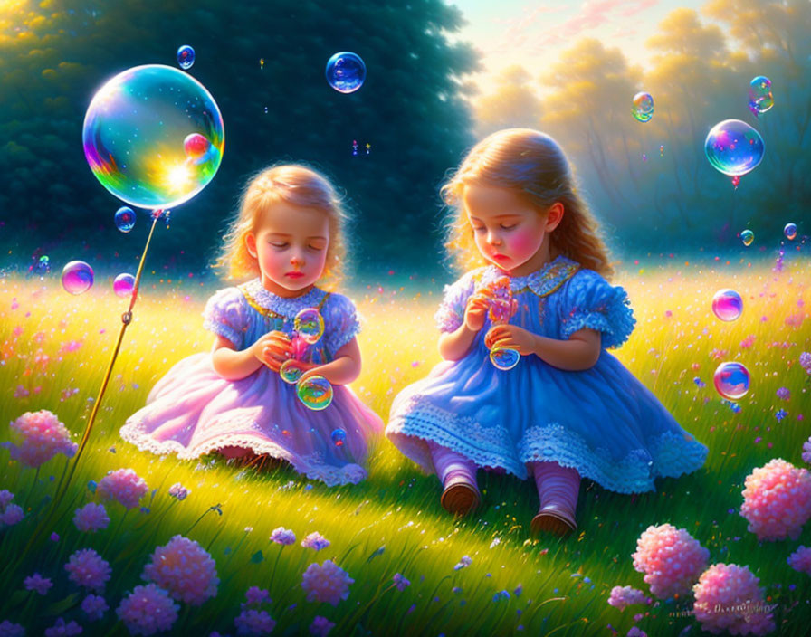 Young girls in blue dresses blowing bubbles in sunny meadow full of flowers