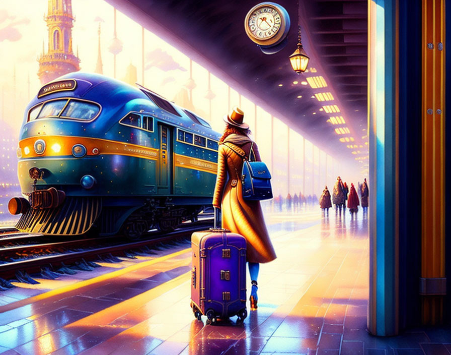 Person in coat and hat next to purple suitcase on platform, looking at vintage train in busy station.