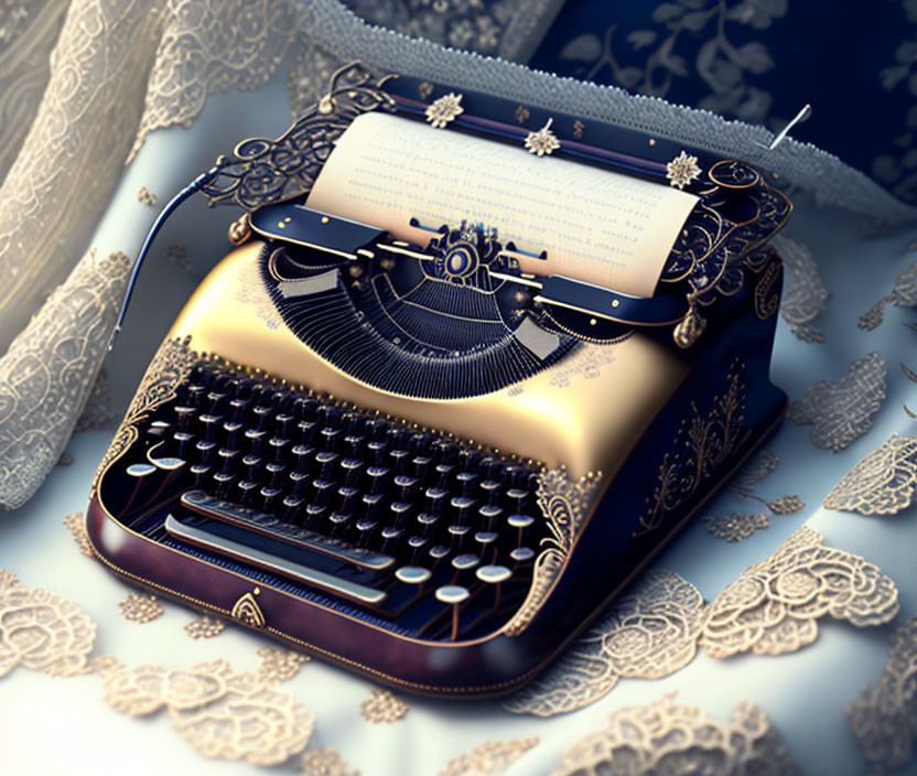 Vintage Typewriter on Lace-Covered Table with Elegant Metalwork