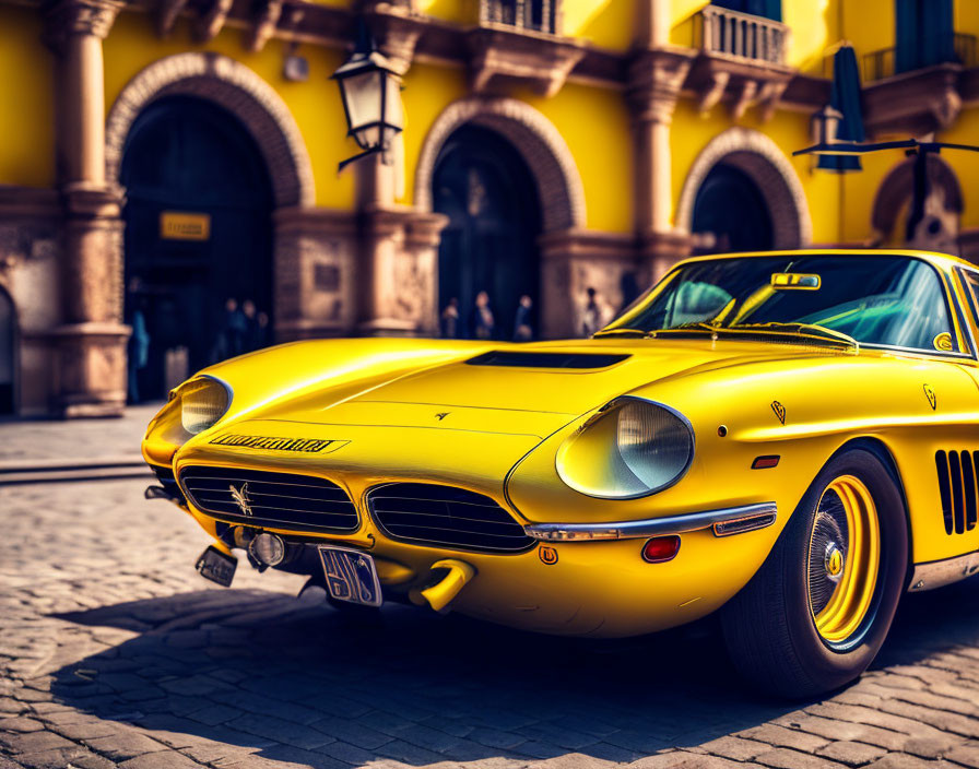 Vintage Yellow Sports Car Parked in Front of Building with Yellow Arches