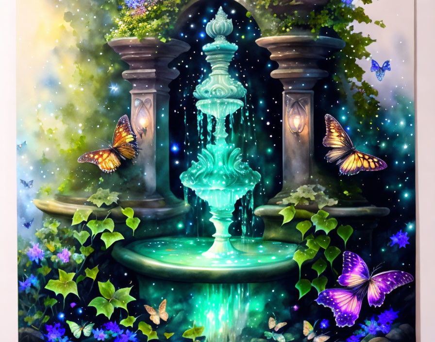 Illustrated fountain with cascading water, butterflies, and shimmering lights.