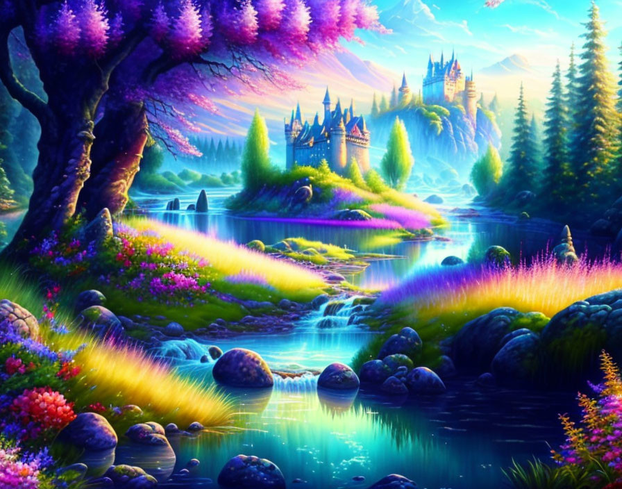 Colorful fantasy landscape with castle, river, trees, and flowers