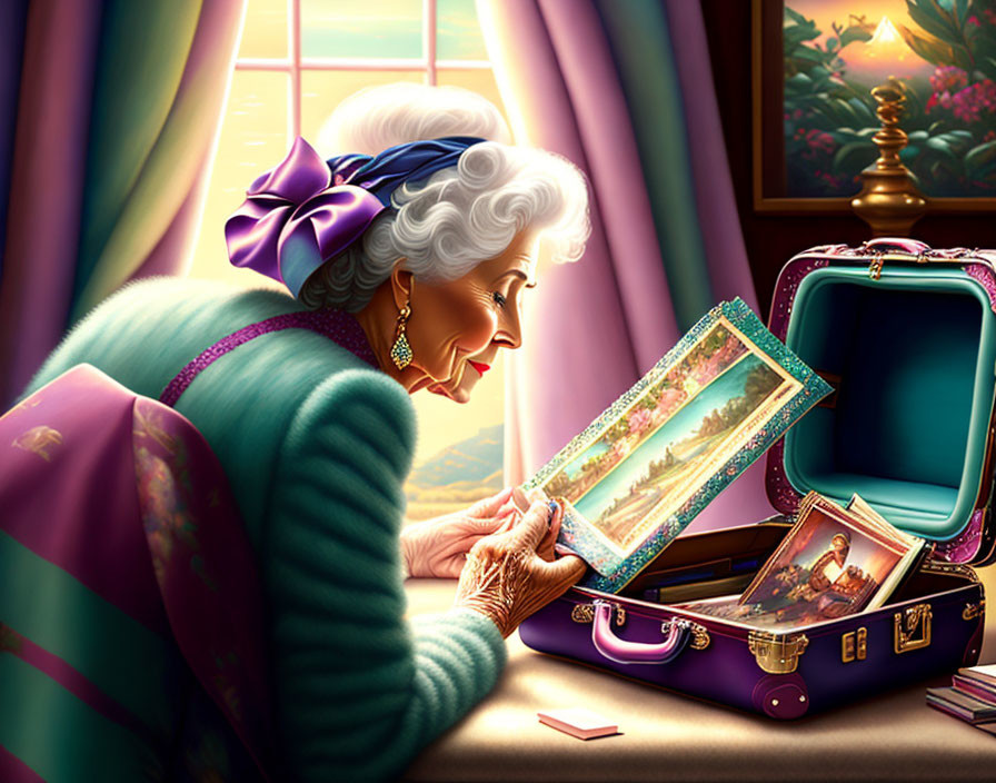 Elderly woman with white hair and purple bow looking at photo album by window.