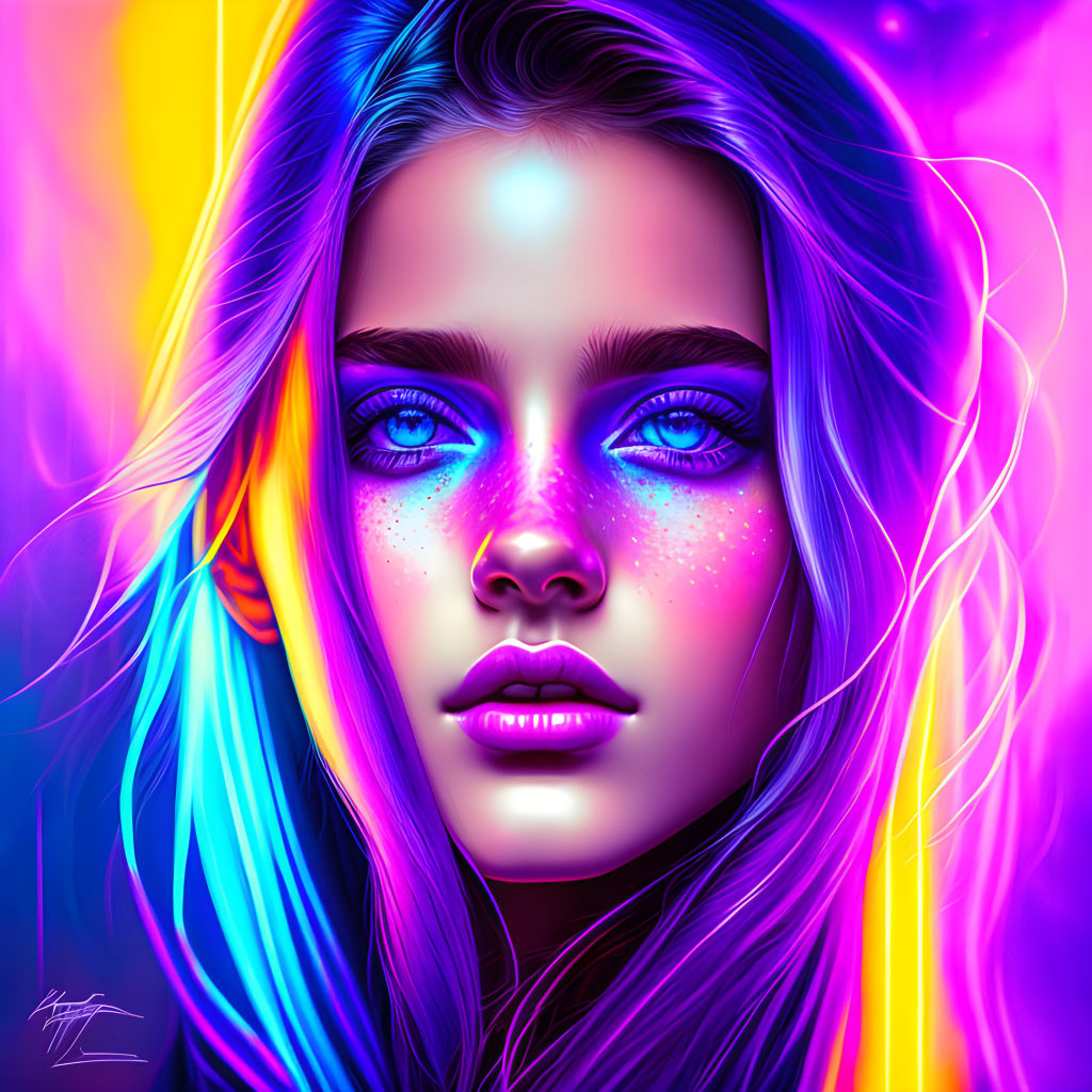 Colorful digital portrait of a woman with blue eyes and neon hair on psychedelic background