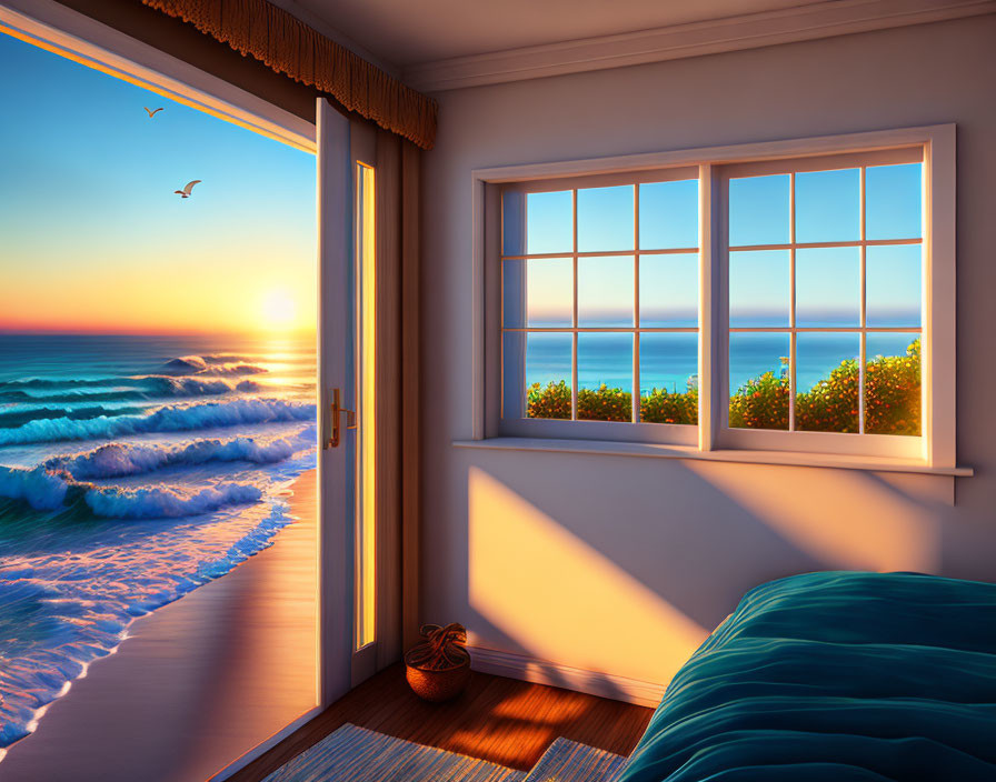 Tranquil bedroom with open door to sunset beach scene