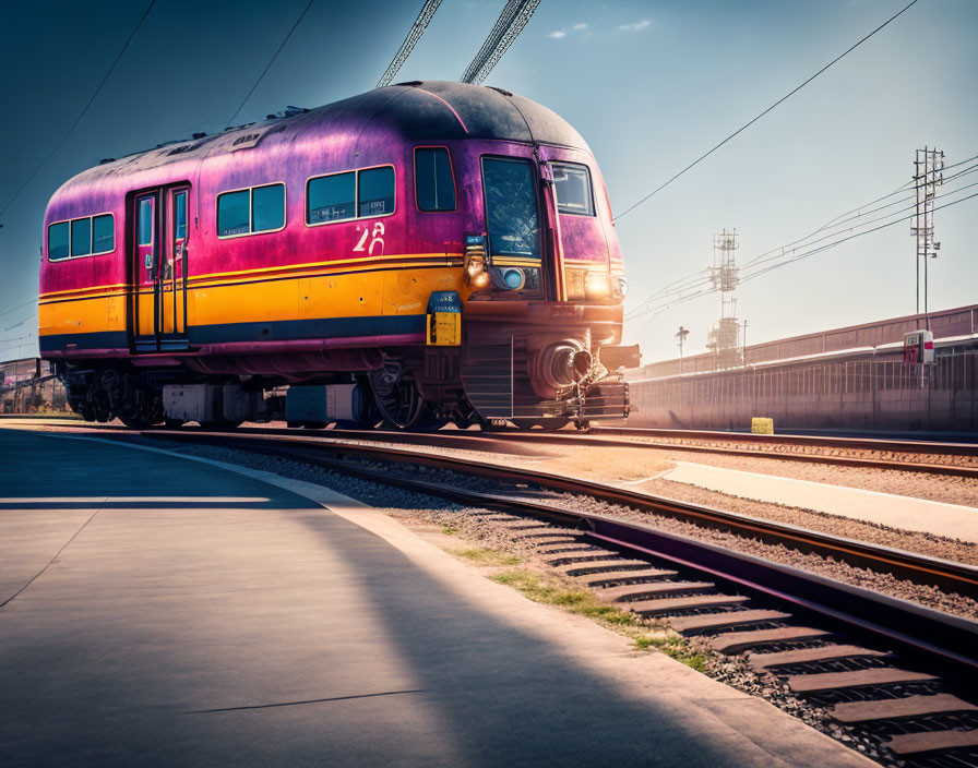 Purple train on tracks under sunny skies with industrial backdrop