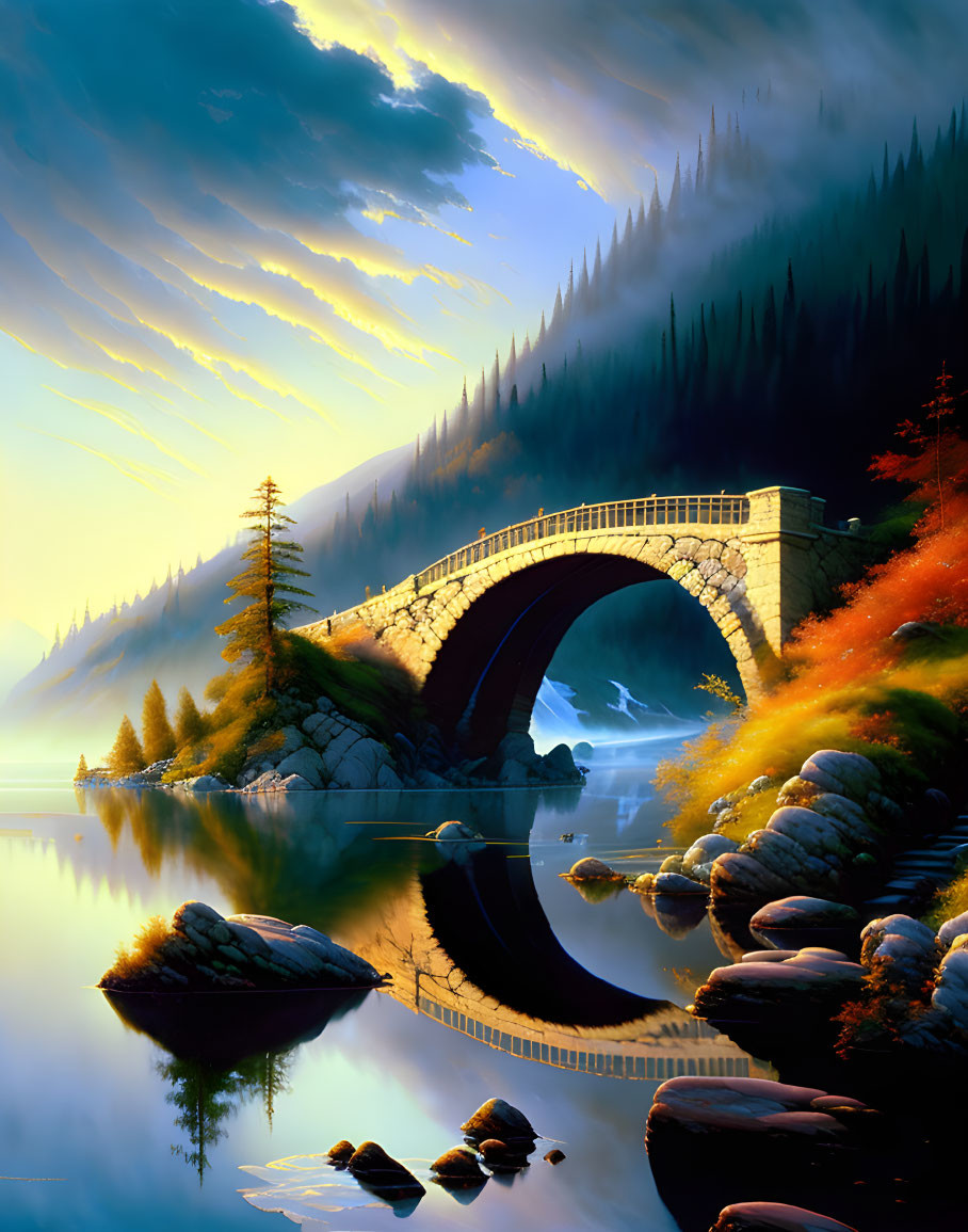 Stone Arch Bridge Over Calm Lake Surrounded by Forest and Mountains at Sunrise or Sunset