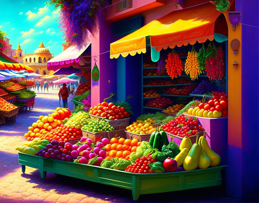 Colorful fruit stalls in vibrant market scene with yellow awnings and purple building.