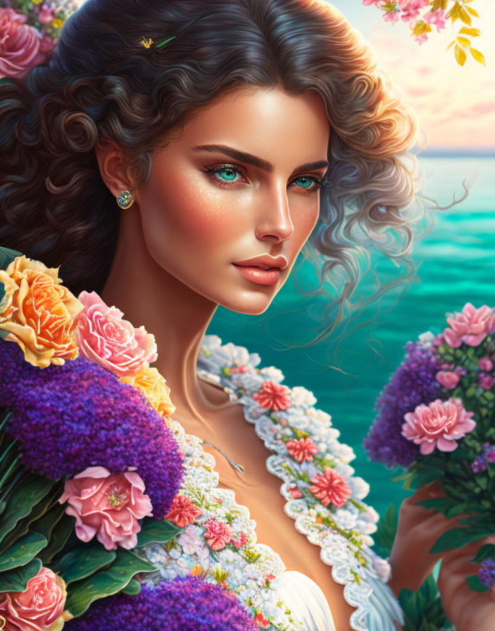 Portrait of Woman with Blue Eyes and Bouquet by the Sea