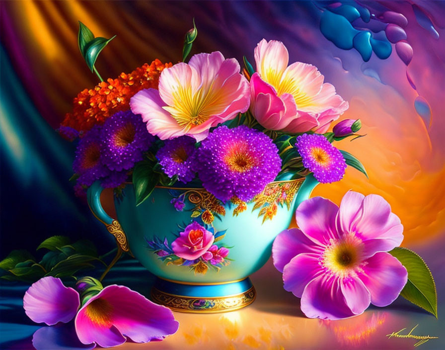 Colorful Flowers in Decorative Vase with Abstract Background