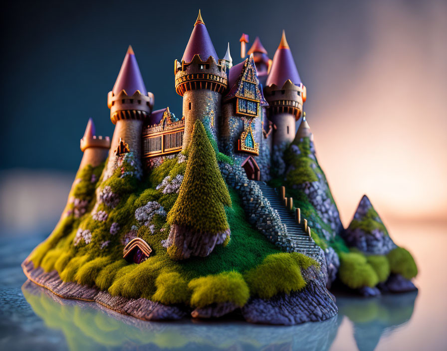 Miniature fairy-tale castle with colorful towers in a green mossy setting.