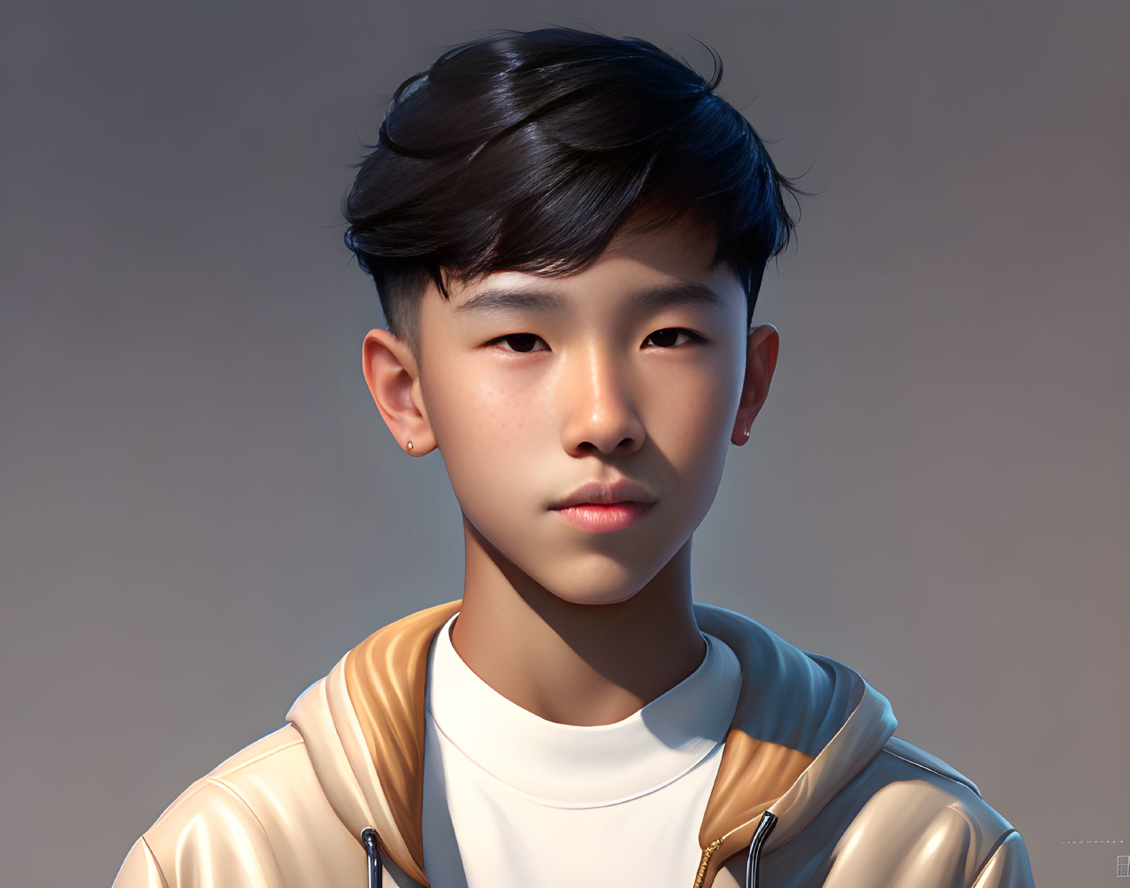 Young person with undercut hairstyle in white shirt and beige jacket portrait.