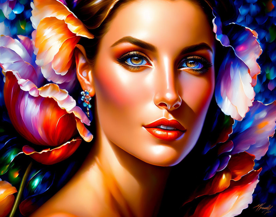 Colorful portrait: woman with striking blue eyes and large flowers.