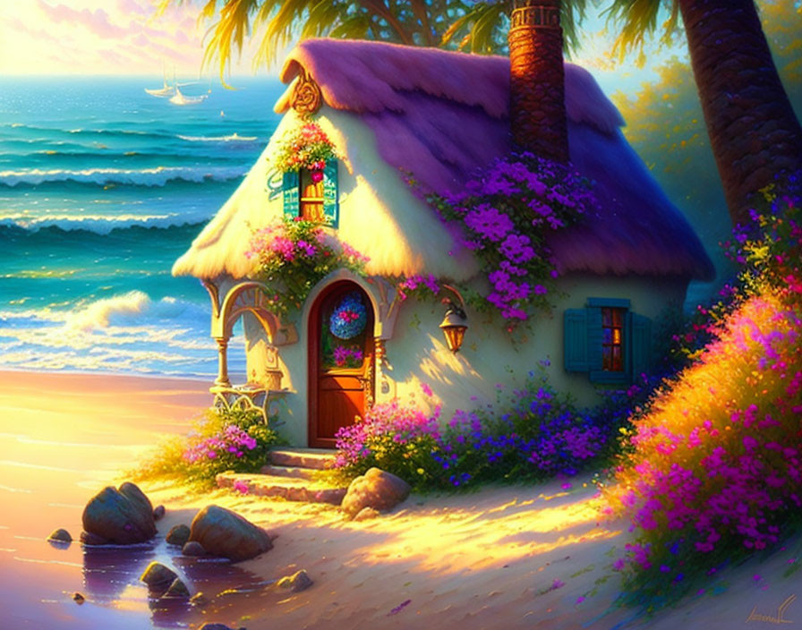 Thatched cottage with flowers on beach under golden sunlight