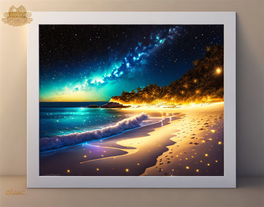 Starry Beach Night Scene Poster with Glowing Waves