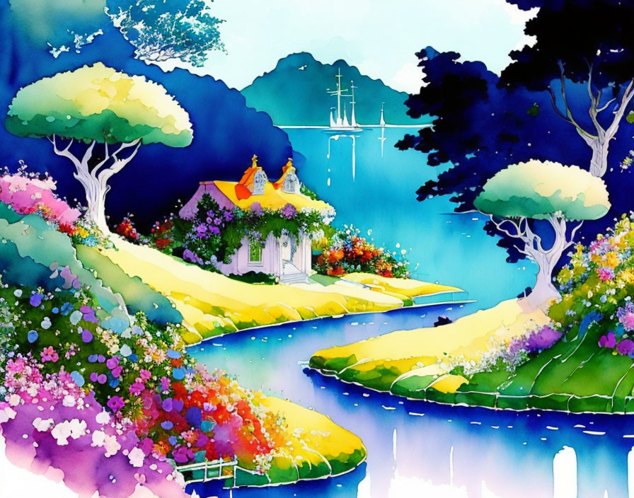 Whimsical landscape watercolor painting with white gazebo and river