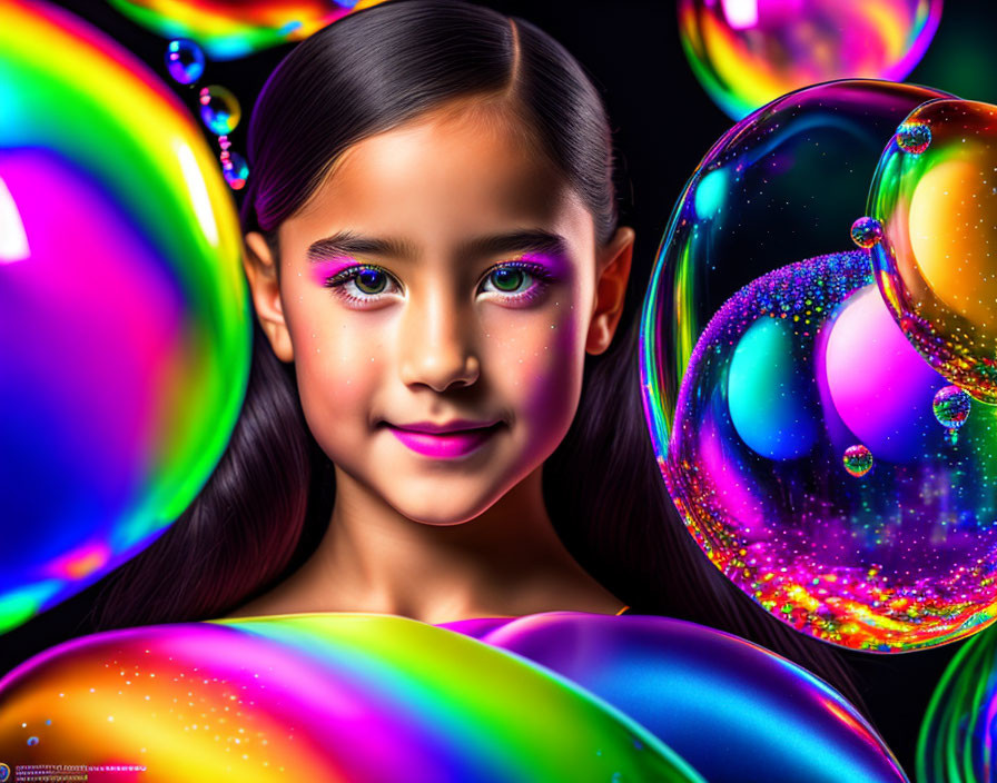 Vibrant image: Smiling girl with purple eye makeup in colorful soap bubbles