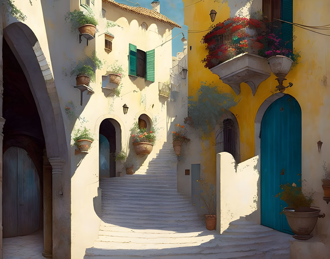 Sunlit European alley with yellow walls, teal door, stairs, and flower pots