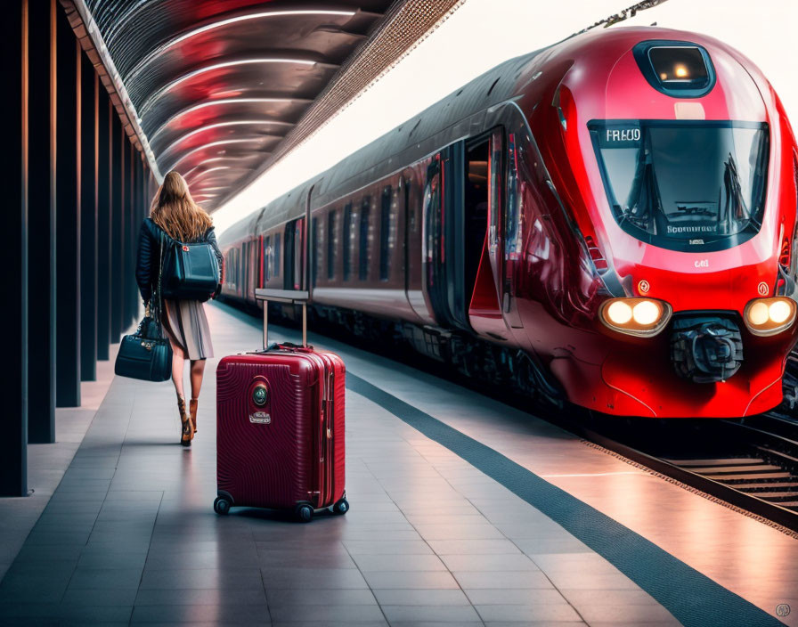 Woman with suitcase at modern train station as red train arrives