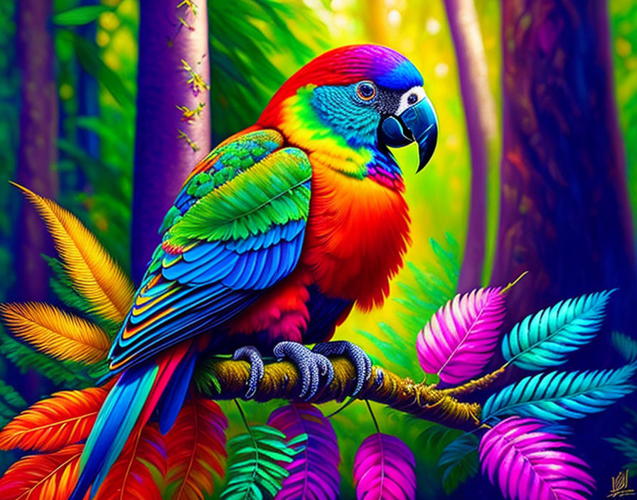 Colorful Parrot Perched in Neon-like Tropical Forest