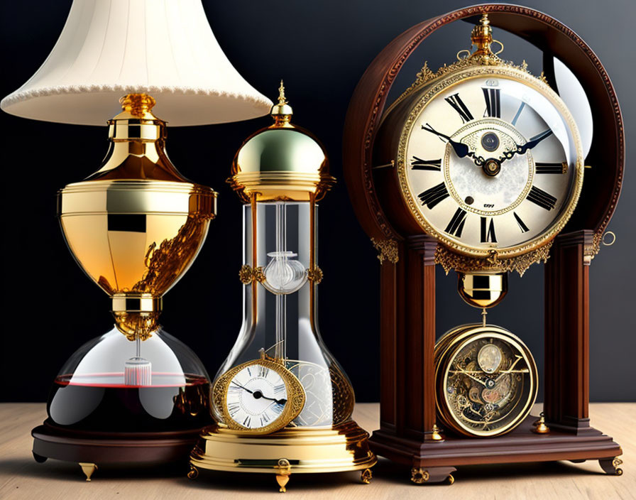 Three Elegant Timepieces: Gold Lamp Clock, Desk Clock with Gear Mechanism, Wooden Pendulum Clock