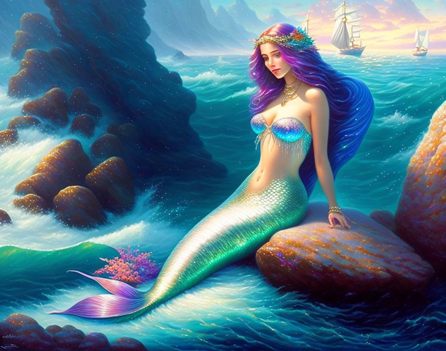 Purple-haired mermaid with green tail on rock holding flowers at sea with ship at sunset