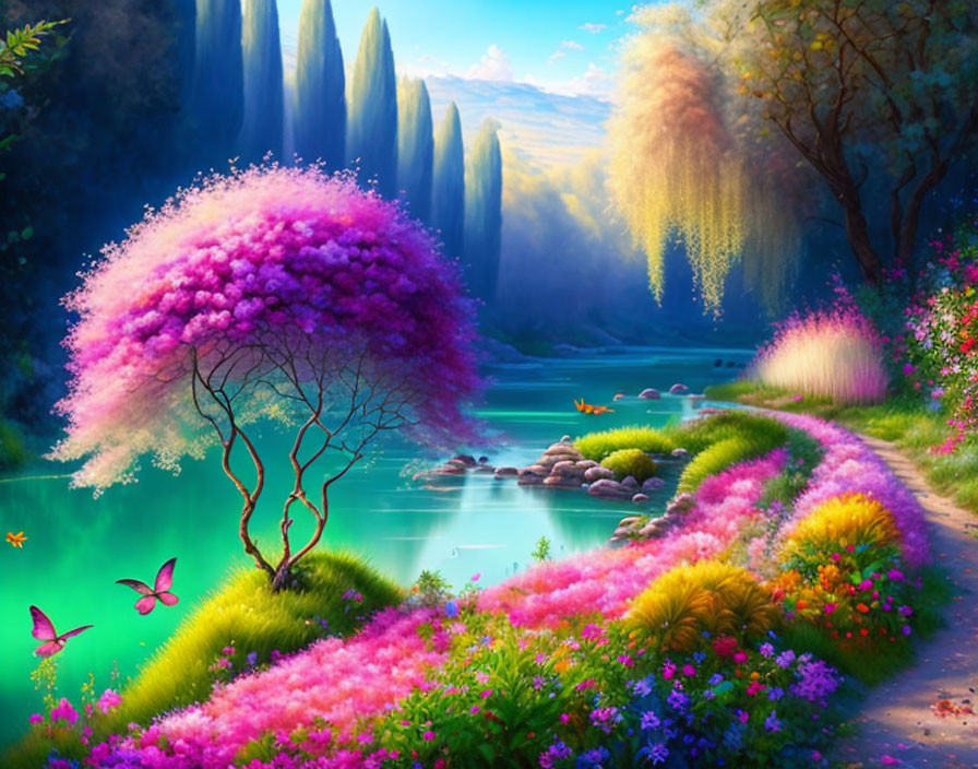 Tranquil river, colorful flowers, pink tree, butterflies in nature landscape