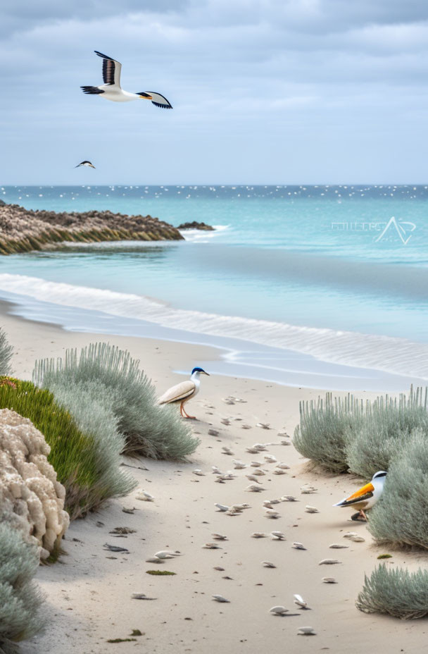 Tranquil beach scene with seagulls, calm ocean, soft sand, greenery, and