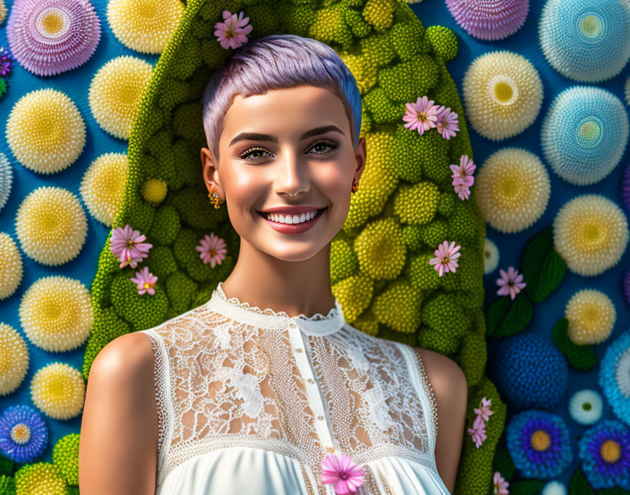 Smiling woman with purple hair in white lace top among vibrant floral backdrop