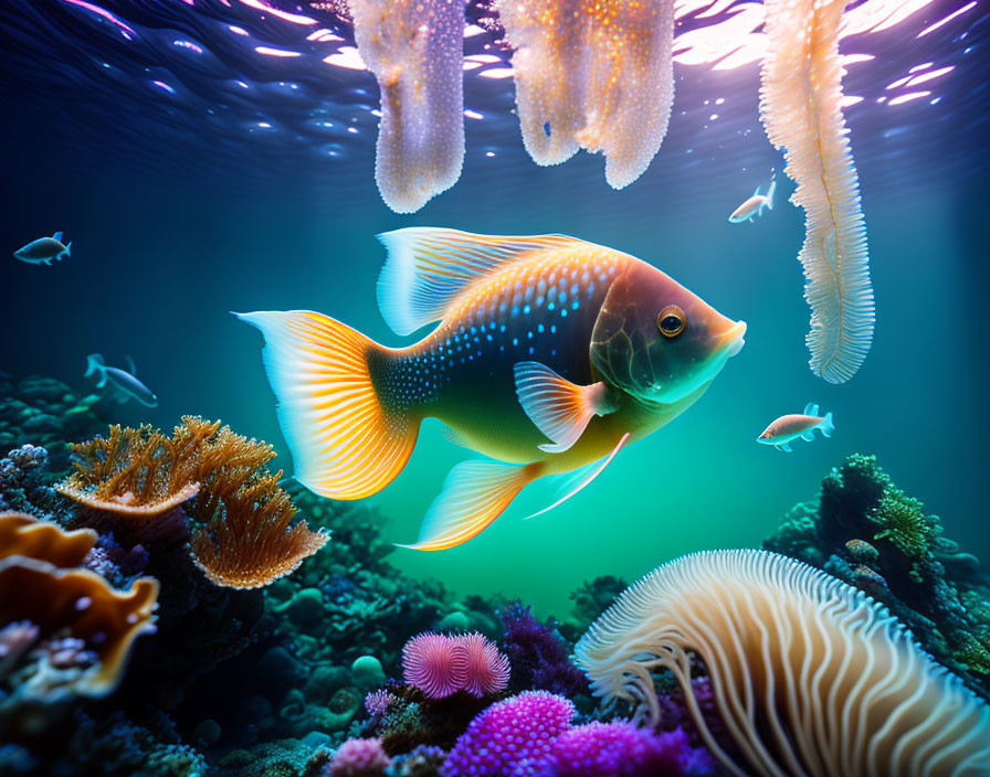 Colorful Tropical Fish Swimming Among Coral and Jellyfish