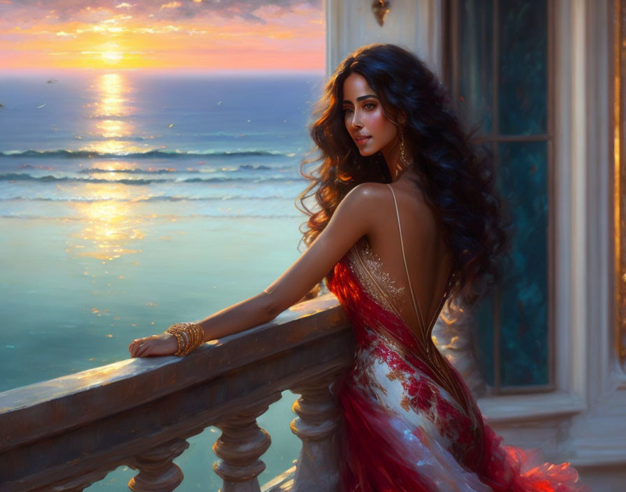 Woman in red dress gazes at sunset sea from balcony.