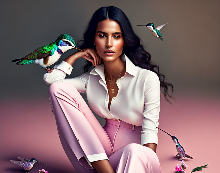 Woman in white blouse with hummingbird and mauve backdrop