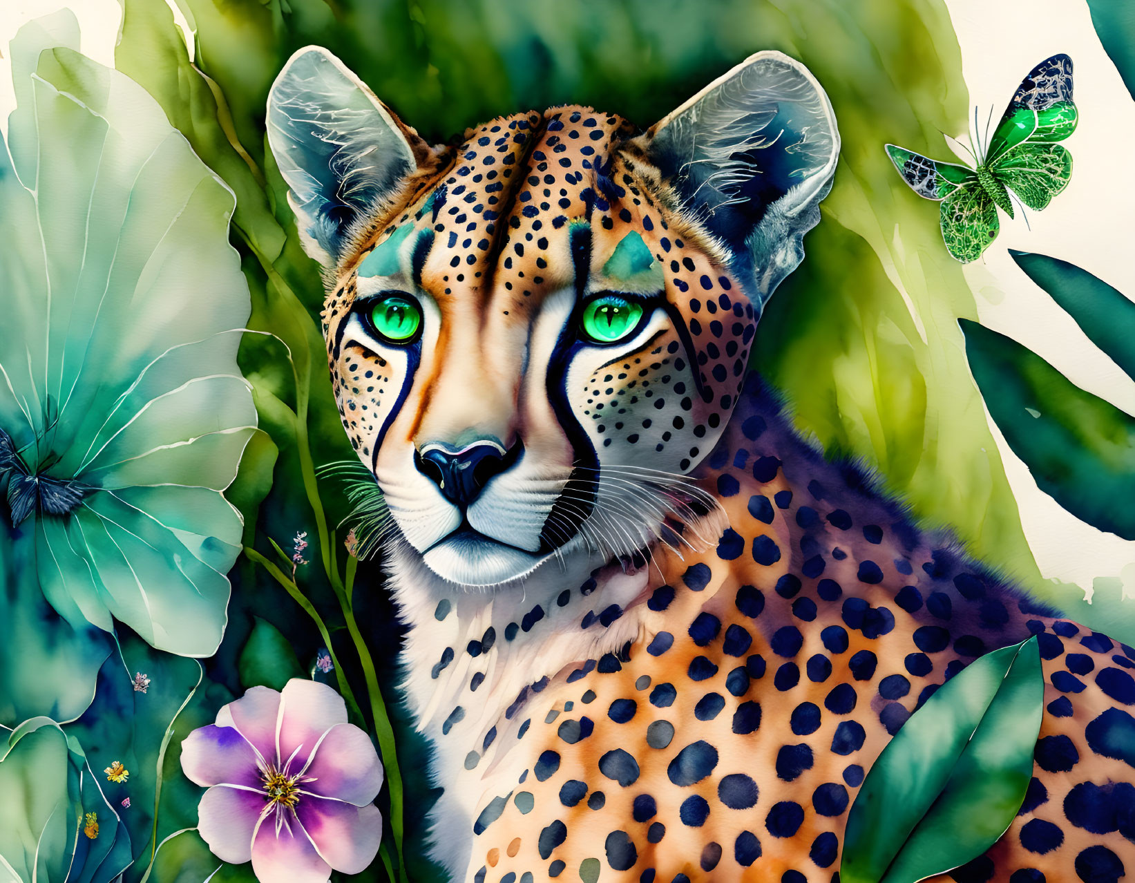 Detailed illustration of a cheetah with green eyes in lush greenery