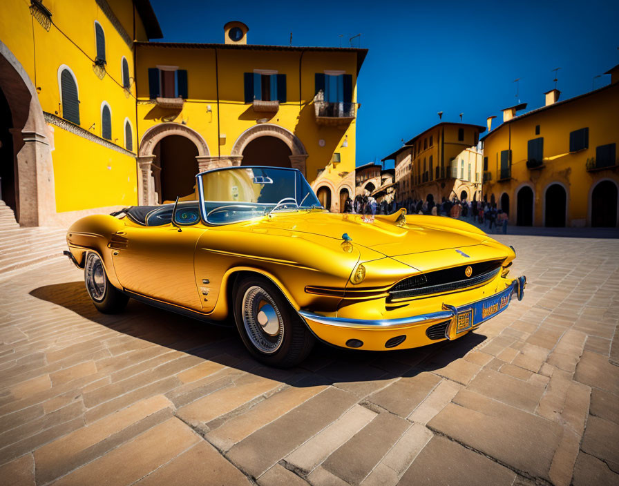 Yellow Convertible Car Parked in Sunny Courtyard