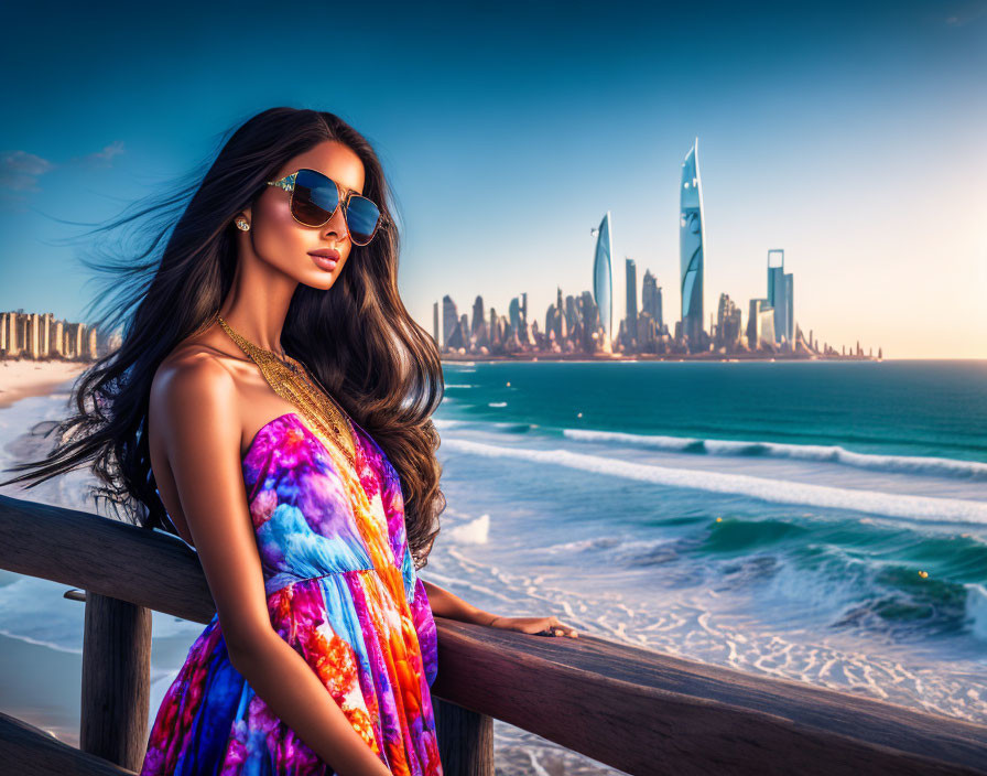 Woman in colorful dress and sunglasses at beach railing with futuristic city skyline