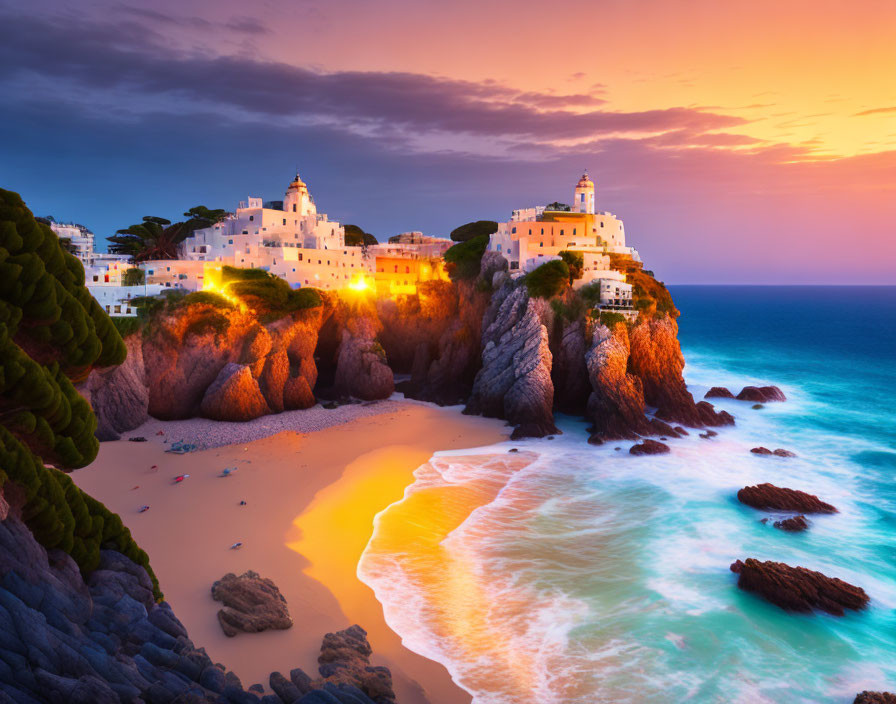 Cliff-top coastal town at sunset with illuminated buildings, sandy beach, turquoise sea waves