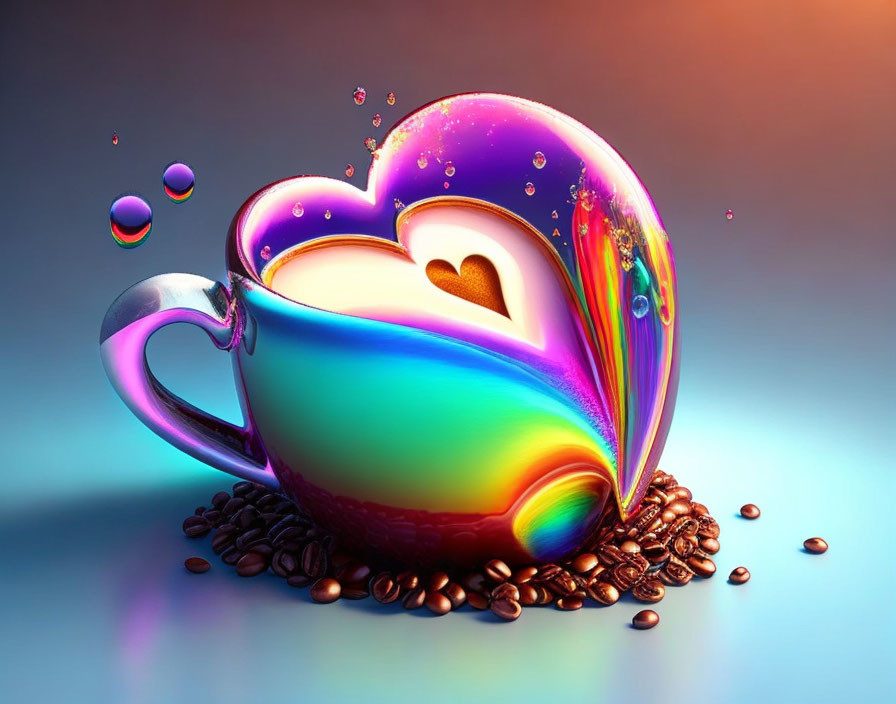 Vibrant Heart-shaped Cup with Colorful Liquid and Coffee Beans