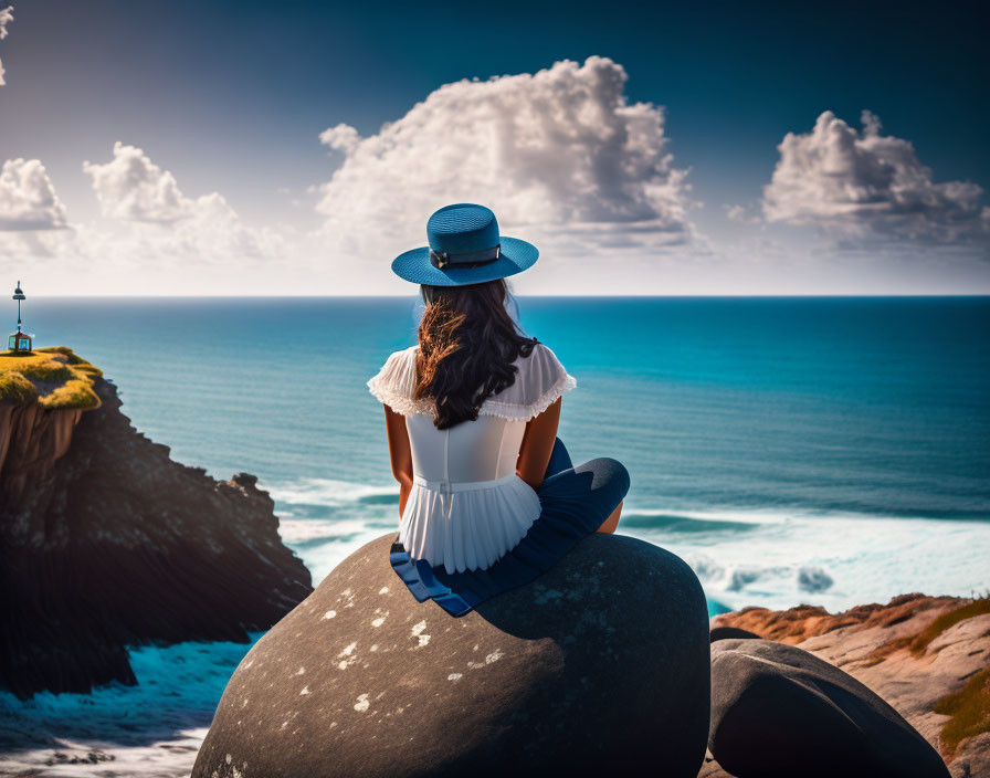 Woman in white dress and blue sunhat gazes at lighthouse by the ocean