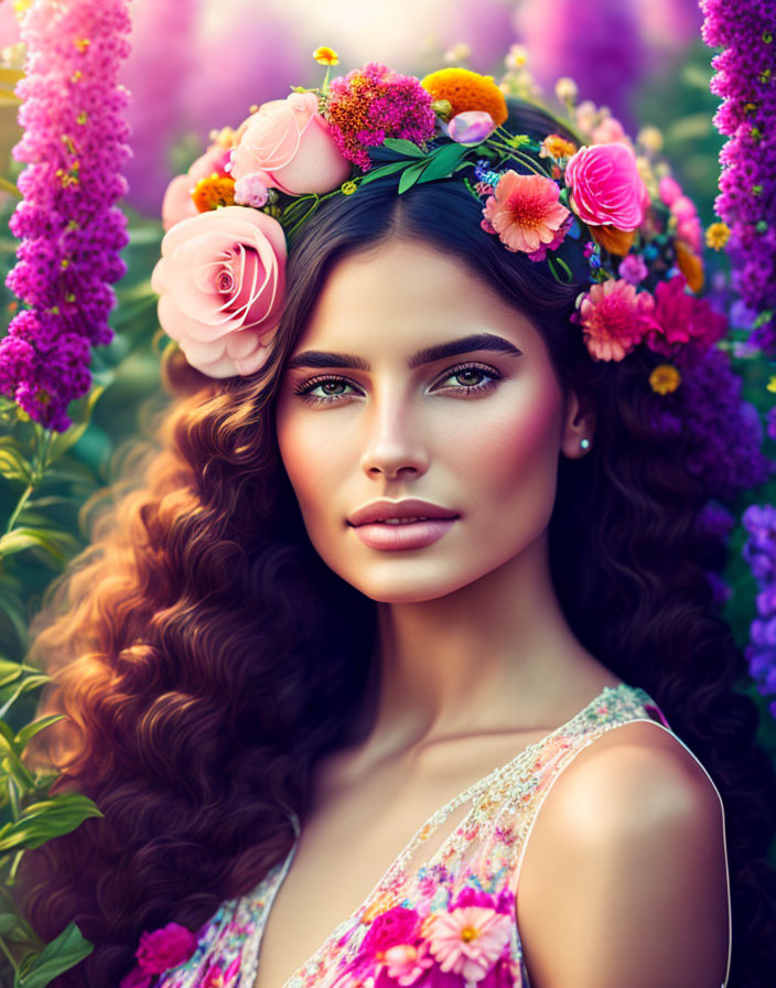 Floral Crown Woman with Wavy Hair and Colorful Blooms