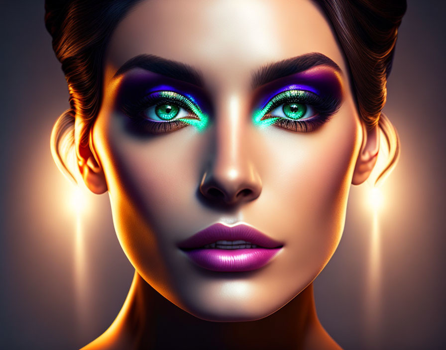 Vibrant teal and purple makeup on woman in digital portrait