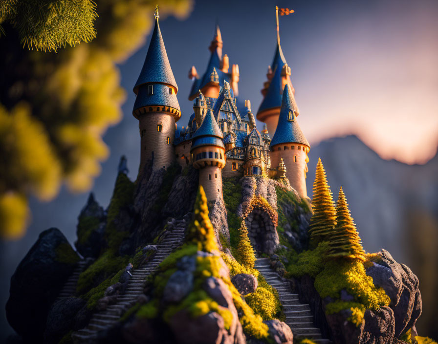 Miniature castle with turrets in dreamlike landscape at sunset